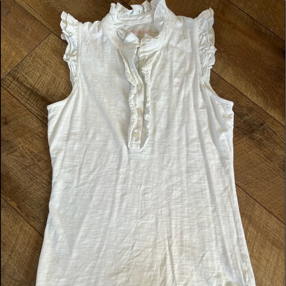 CUTE LILLY PULITZER WHITE TANK TOP, FRILLY ENDS, SIZE SMALL, GOOD CONDITION